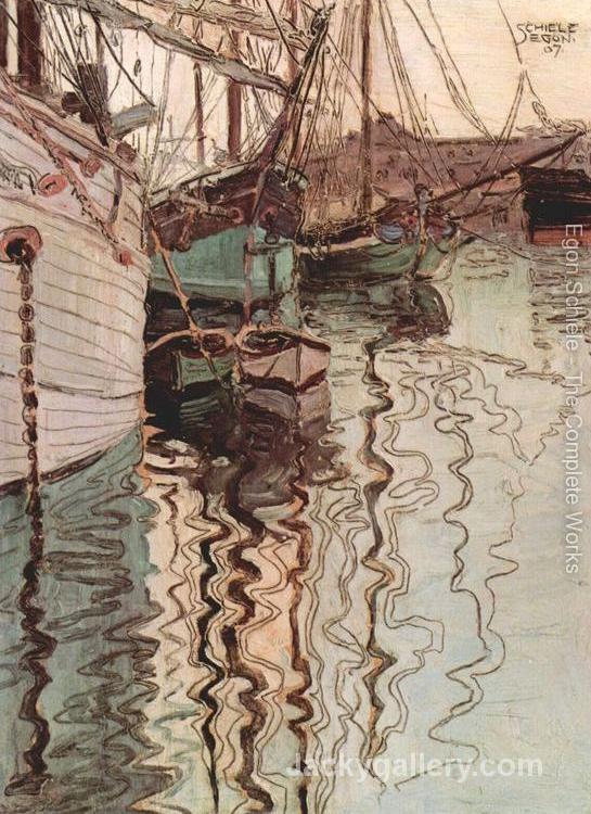 Sailing ships in the waves-exciting water (the harbour of Trieste) by Egon Schiele paintings reproduction